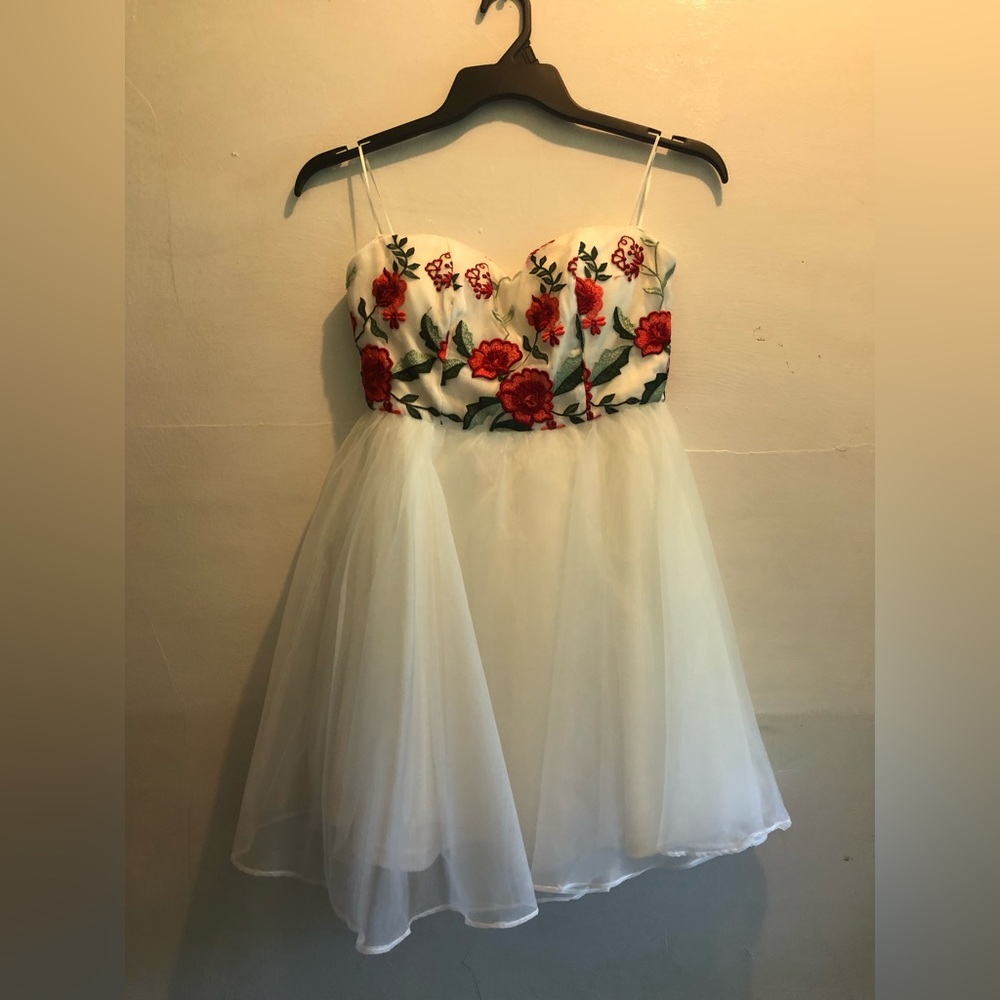 white dress with floral print top